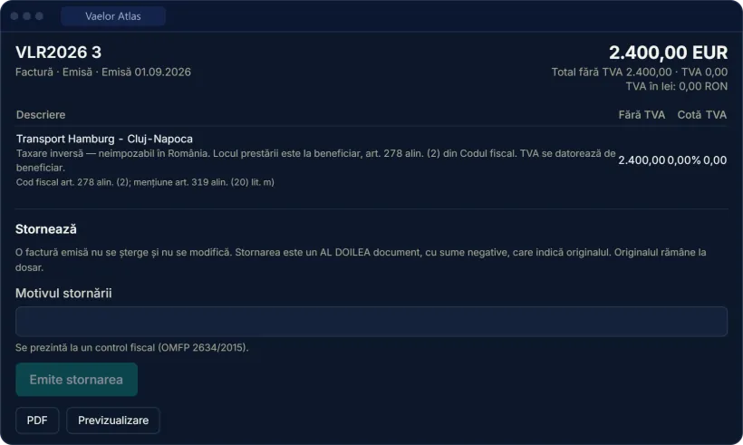 An invoice in Atlas: VLR2026 3, issued on 1 September 2026, EUR 2,400.00 for the Hamburg – Cluj-Napoca transport, reverse charge with the legal basis on the line, plus reversal and PDF export.