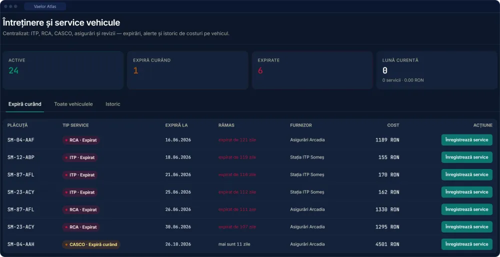 The Atlas maintenance page: 24 active documents, one expiring soon and six expired, with the table of roadworthiness, liability and CASCO deadlines by vehicle, date, days left, provider and cost.