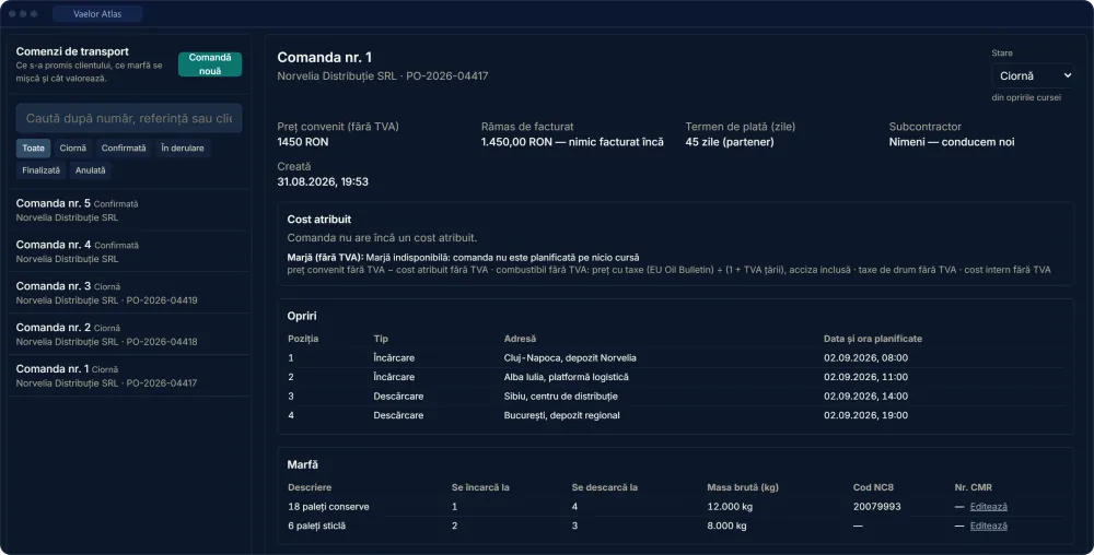 Atlas: the list of transport orders and an order for the customer Norvelia Distribuție — agreed price 1,450 RON, four stops planned for 2 September and two consignments of 12,000 kg and 8,000 kg.