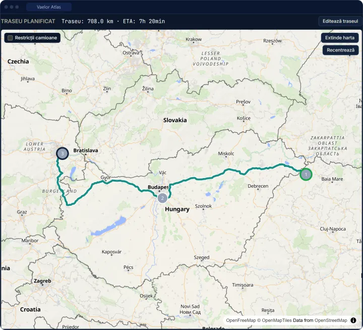 A truck route from Satu Mare to Vienna via Budapest, 708 km, with three numbered stops on the map.