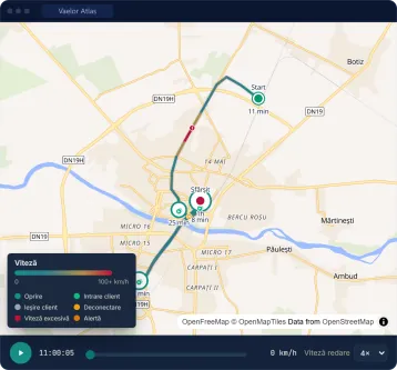 A van's day in history: the route on the map coloured by speed, the stops with their duration and the replay bar.